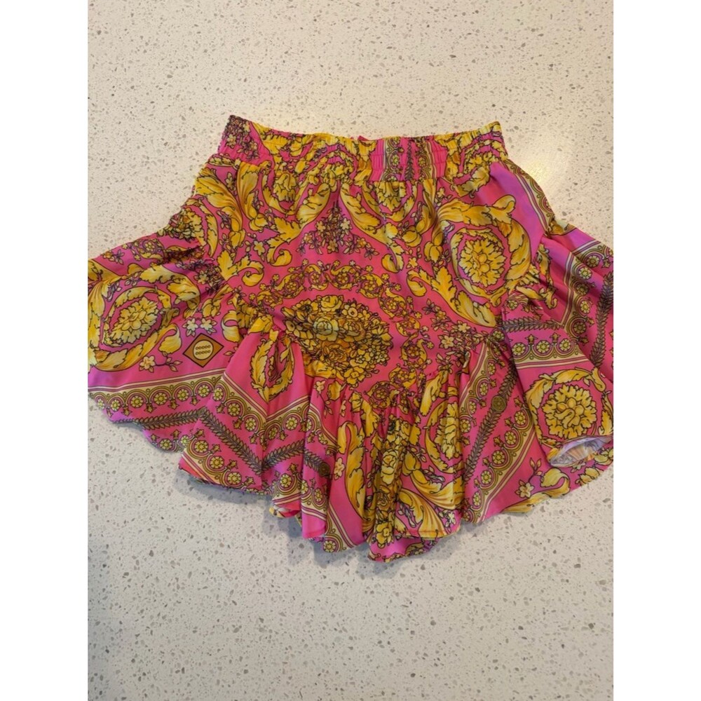 AKIRA Pink & Yellow Printed Ruffle Skater Skirt L